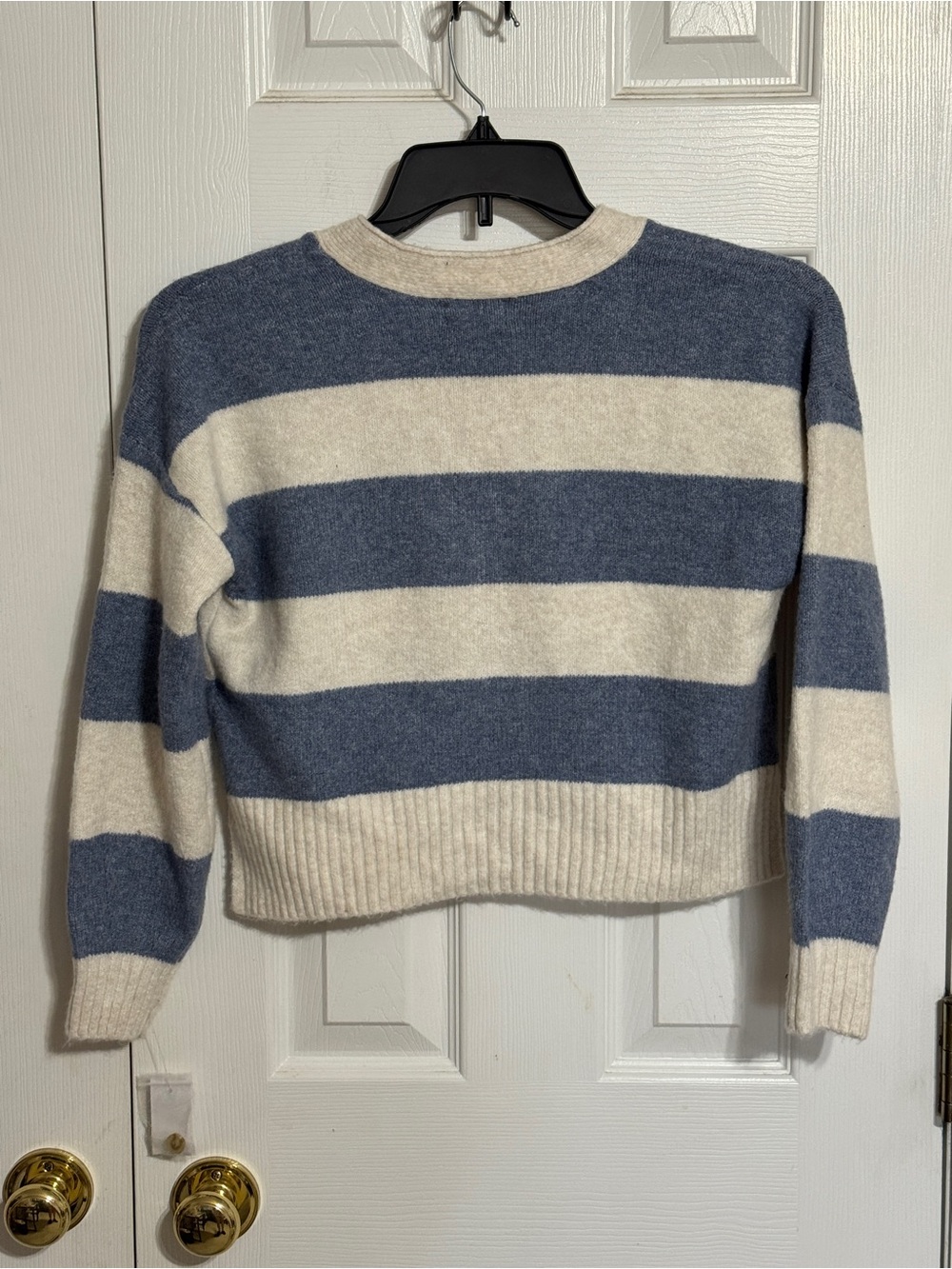 Striped V-Neck Cropped Sweater - Blue and Cream - Picture 2 of 5